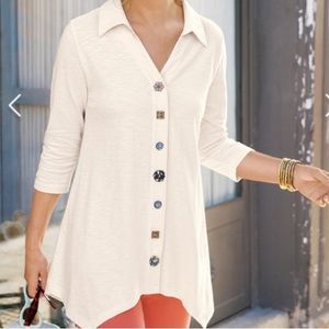 Soft Surroundings Danielle off white embellished button asymmetric tunic sz XSp